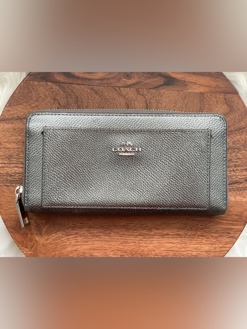 COACH Pewter Leather Zip Around Accordion Wallet